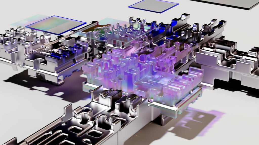 A futuristic 3D render showcasing abstract tech design with vibrant colors.